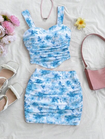 Soleia 2pcs Women's Vacation Tie Dye Blue Ditsy Floral Fitted Camisole Top & Mini Skirt Set, Ideal For Valentine's Date, Afternoon Tea, Party Island Vacation Outfits