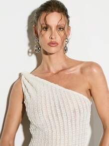 KIZN 单肩罗纹针织迷你连衣裙，适合派对、晚间俱乐部穿着，适合个性链条耳环，适合紧身晚间外出度假 - 卡其色 - 查看 3