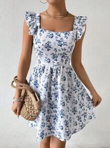 SHEIN PETITE Vestido corto elegante para mujer con escote trasero y lazo para el verano - Azul y blanco - Ver 4