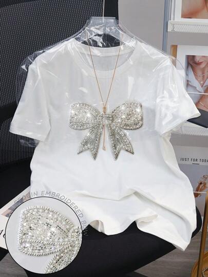 SHEIN 大码女式优雅蝴蝶结串珠水钻装饰T恤
