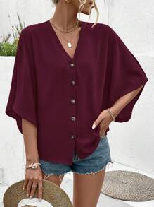 Breezaya Women'S V-Neck Batwing Sleeve Blouse Women Shirt - Burgundy - View 4