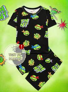 TEENAGE MUTANT NINJA TURTLES | SHEIN Baby Boy Cartoon Green Print Black Adorable Casual Stretchy Short Sleeve T-Shirt & Shorts Pajama Set - Black - View 1