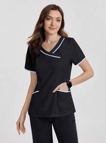 TaskEZ Contrast Trim V-Neck Short Sleeve Scrub Uniform Top - BLUE AND BLACK - View 4