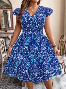 SHEIN Clasi Plus Size Women Floral V-Neck Cap Sleeve Cinched Waist Dress - Navy Blue - View 1