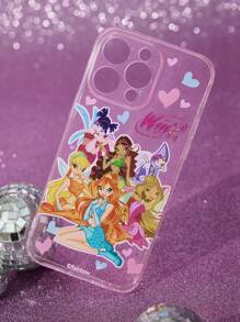 The Winx X SHEIN Custodia telefonica in TPU trasparente e glitter rosa con il motivo delle personaggi magici Bloom, Stella, Flora, Musa, Tecna, Aisha, compatibile con iPhone
