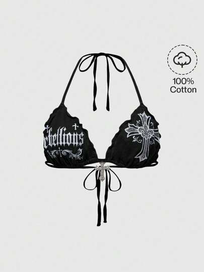 Goth Top alla halter con stampa gotica a croce e decorazioni in strass, nello stile Y2K