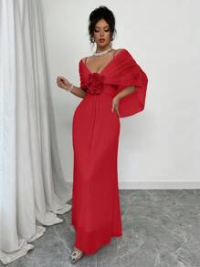 Rafferiza Customized Spring/Summer 3D Floral Sheer Mesh Poncho Feeling Long Dress, Suitable For Wedding, Party, Photo Shooting