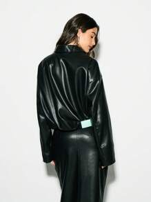 KIZN Luxury Cropped Vegan Leather Bomber Flight Jacket Zip Front Modern Designer Fashion Fall Winter Outerwear Motorcycle Style Streetwear Statement Piece - Black - View 2