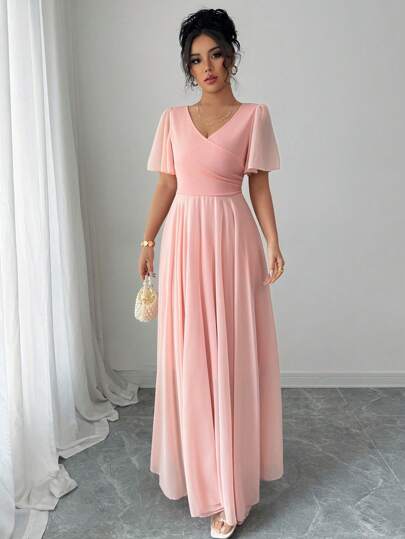 Elenzga 荷叶边袖 V 领 A 字型优雅浪漫精致女士连衣裙