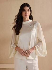 Graceveil Blusa elegante con diseño de empalme de perlas y strass, para primavera/verano - Albaricoque - Ver 2