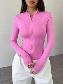 Flirla Petite 女款純色前拉鍊長袖休閒夾克，春秋秋冬女裝，適合嬌小女性 - 玫紅色 - 查看 1