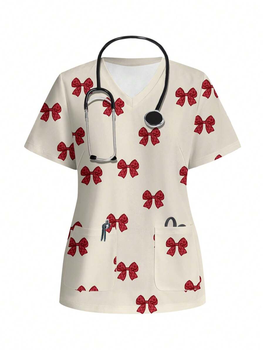 PopScrub Bow Print Short Sleeve V-Neck Casual Scrub Uniform Top - Multicolor - View 1