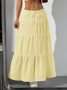 SHEIN EZwear 女式纯色腰带荷叶边下摆纹理长裙，夏季 - 黃色 - 查看 4