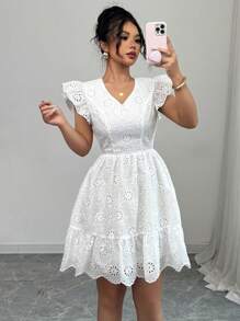 Elenzga 女式夏季露背蝴蝶结刺绣花卉印花迷你连衣裙 - 白色 - 查看 4