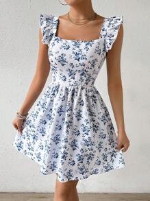 SHEIN PETITE Vestido corto elegante para mujer con escote trasero y lazo para el verano - Azul y blanco - Ver 2