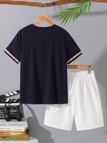 SHEIN 青少年男童两件套休闲针织贴布短袖上衣和短裤套装，适合通勤、上学、日常休闲装、运动、春夏、派对 - 藏蓝色 - 查看 2