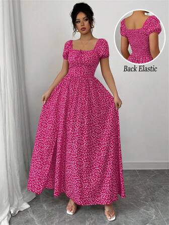 Rafferiza 女士度假浪漫优雅碎花褶皱泡泡袖收腰 A 字休闲节日情人节场合蝴蝶结后背吊带连衣裙，多种穿着风格，春夏新品毕业春季连衣裙海滩女士服装太阳开衩长款连衣裙