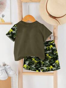 SHEIN 2 pièces/set Tenue décontractée pour bébé garçon, motif minimaliste de dinosaure de dessin animé. Col rond, manches courtes, shorts. Convient pour l'été. - Multicolore - Voir 3