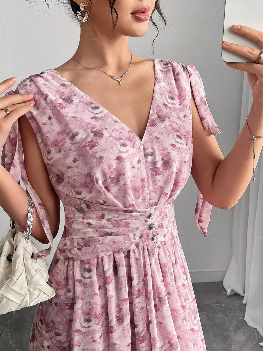 Modelyn 女士花卉印花 V 领荷叶边长款连衣裙，无袖，优雅 - 彩色 - 查看 1