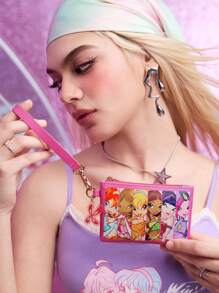 The Winx X SHEIN Ví đựng thẻ và ví đựng tiền xu bằng da PU họa tiết hoạt hình dễ thương Bloom, Stella, Flora, Musa, Tecna, Aisha, có quai xách và mặt dây chuyền trang trí logo - Màu Hồng Tươi - Xem 4