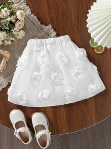 SHEIN 年轻女孩甜美优雅白色3D玫瑰纹理A字迷你裙 - 白色 - 查看 1