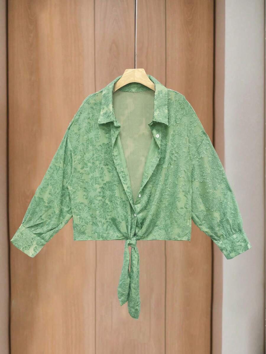 SHEIN LUNE 大码雪纺镂空前系带宽松休闲衬衫 - 綠色 - 查看 1