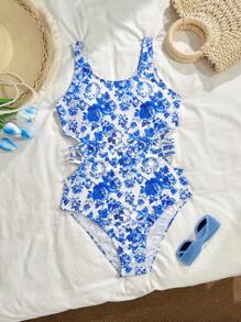 Teen Girls Vintage Floral Print Waist Cut-Out Swimsuit,Fashionable Simple Swimwear - Blue and White - View 3