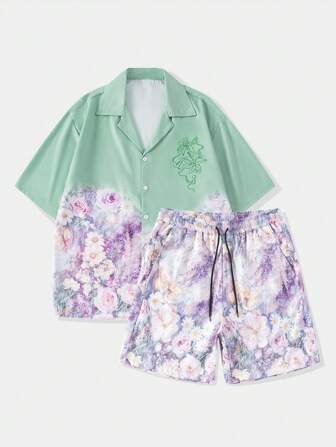 Men's Embroidery Casual Shirt & Shorts Set, Fashionable Vacation Outfit For Summer Vacation