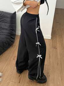 Coolane Pantalones de chándal anchos de pierna ancha de tiro alto con lazo estilo vintage, streetwear y Y2K para mujer, perfectos para festivales de música de primavera/verano