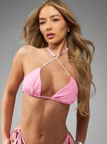 MISSGUIDED Pearl Embellished Adjustable Side-Tie Bikini Set Summer Beachwear Two Piece Cross Neck Halter Top Brazilian Cut Bottom Swimsuit Set Beach Vacation Resort Wear