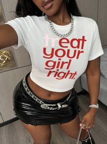 Women Plus Size Casual Summer Slogan Print Cropped Tight T-Shirt, Sexy Top - White - View 1