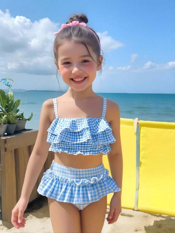 SHEIN Young Girl Gingham Ruffle Trim Swimsuit Set