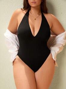 Swim Lushoire Traje de baño de una pieza con cuello de pico para tallas grandes, tela texturizada, diseño minimalista, básico para vacaciones