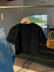 Regular Fit Women's Letter Print Round Neck Short Sleeve T-Shirt - Black - View 2