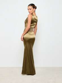 AiiRZ Vestido de noche elegante de satén con diseño de sirena, detalle de recorte en la cintura, largo, para ocasiones formales, bodas, fiestas, bailes de graduación, con diseño sin mangas - Verde - Ver 2