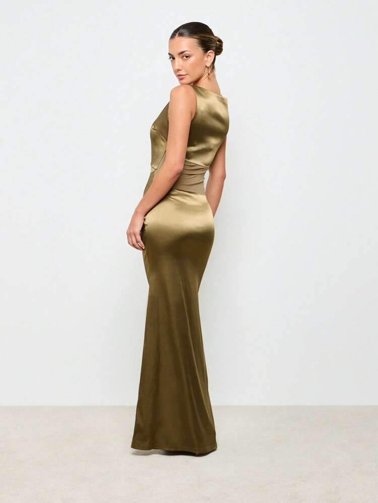 AiiRZ Elegantes Satin-Abendkleid, Meerjungfrauenschnitt, mit Ausschnitt an der Taille, langes Formelles Kleid für besondere Anlässe, Hochzeitsgäste, Partys, Bälle und Proms, mit ärmellosem Design