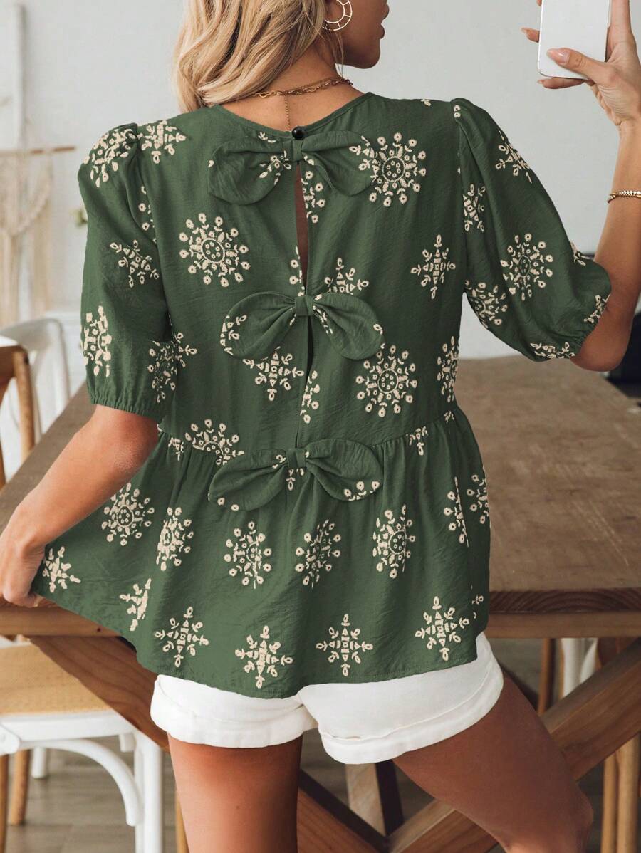 Omancia 法式度假风蝴蝶结镂空短袖上衣 春夏 - 綠色 - 查看 1