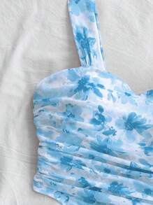Soleia 2 件套女士度假扎染蓝色碎花修身吊带背心和迷你裙套装，非常适合情人节约会、下午茶、派对海岛度假装 - 藍白色 - 查看 6