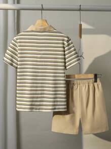 SHEIN Vacaura 2pcs Casual Stripe & Waffle Pattern Big Boy Polo Shirt And Shorts Set, Suitable For Summer Daily Wear & Recreation Summer Holiday