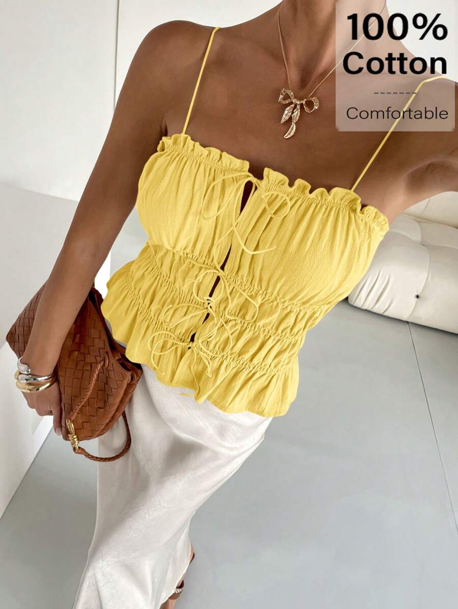 Siren Gaze Women Ruffle Hem Sleeveless Tank Top, Summer - Yellow - View 1