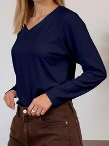 INAWLY Women's Casual Solid Color V-Neck Long Sleeve Loose T-Shirt, Versatile For Spring & Autumn