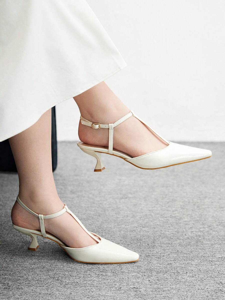 CUCCOO BIZCHIC 经典白色漆皮踝带尖头低跟一脚蹬平底鞋，时尚百搭舒适鞋，适合通勤、约会、派对、婚礼、节日场合 - 米色 - 查看 1