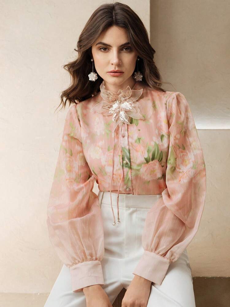 Spring/Summer New Floral Print Beaded Collar Long Sleeve Elegant Casual Blouse For Women