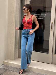 SHEIN Essnce Women's Red Semi-Sheer Knitted Casual Tank Top With Ruched Detail And Strap Neckline - Red - View 5