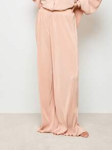 AiiRZ Luxuriöser Plissee-Satin-Loungewear-Pyjama-Set mit langen Ärmeln, Knopfleiste und Kragen, weite Hose, Herbst-Winter-Feiertags-Kollektion Nachtwäsche