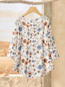 EMERY ROSE 大码女式乡村复古圆领、前领、条纹工艺、装饰纽扣、七分袖夏季上衣