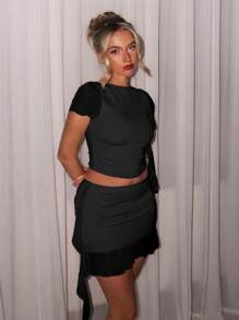 Glamine 2 件套性感粉色不对称褶皱透视紧身套装、外出套装、生日套装、节日派对套装、女士约会晚装、音乐会套装、毕业礼服、街头风格套装 - 黑色 - 查看 3