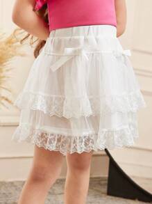 SHEIN 年轻女孩休闲蕾丝拼布多层荷叶边下摆蛋糕裙，白色 - 白色 - 查看 3
