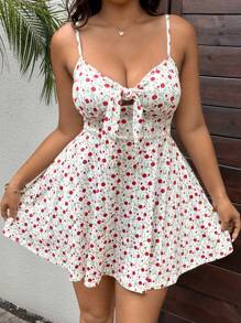 Flirla Fashionable Tiny Ditsy Floral Waist Cinching Camisole A-Line Hem Dress - Multicolor - View 6