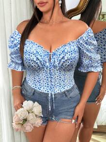 SHEIN SunnyBelle Camiseta casual, elegante y sexy de talla grande con tirantes finos y mangas cortas con estampado floral "Ditsy" en estilo francés, adecuada para primavera y verano